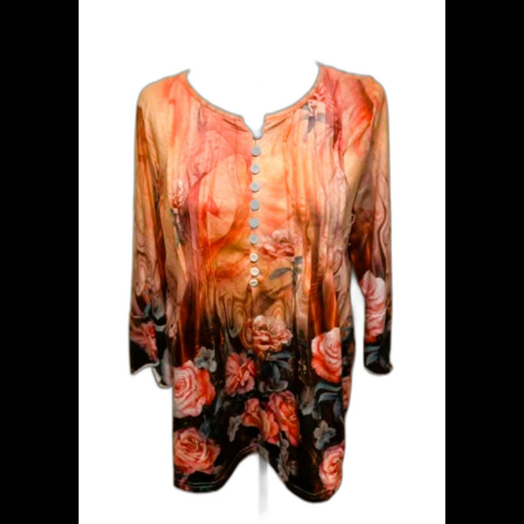 Orange Floral Design Front Ruched Top - Size Large - Picture 1 of 1